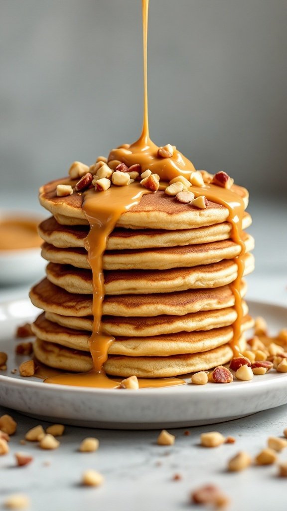 Stack of fluffy peanut butter protein pancakes with a drizzle of peanut butter and chopped nuts.