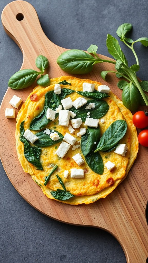 A delicious spinach and feta omelet served on a wooden cutting board.