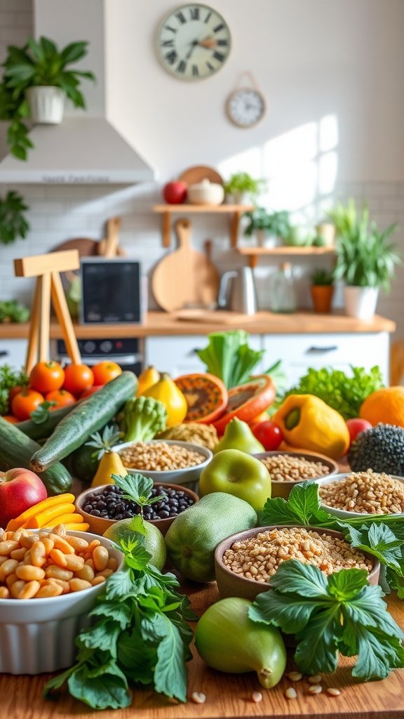 A colorful assortment of fresh vegetables, legumes, and grains laid out on a wooden table.