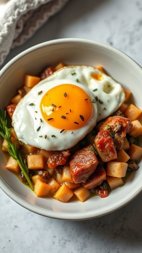 A bowl of pork belly breakfast hash topped with a fried egg and herbs.