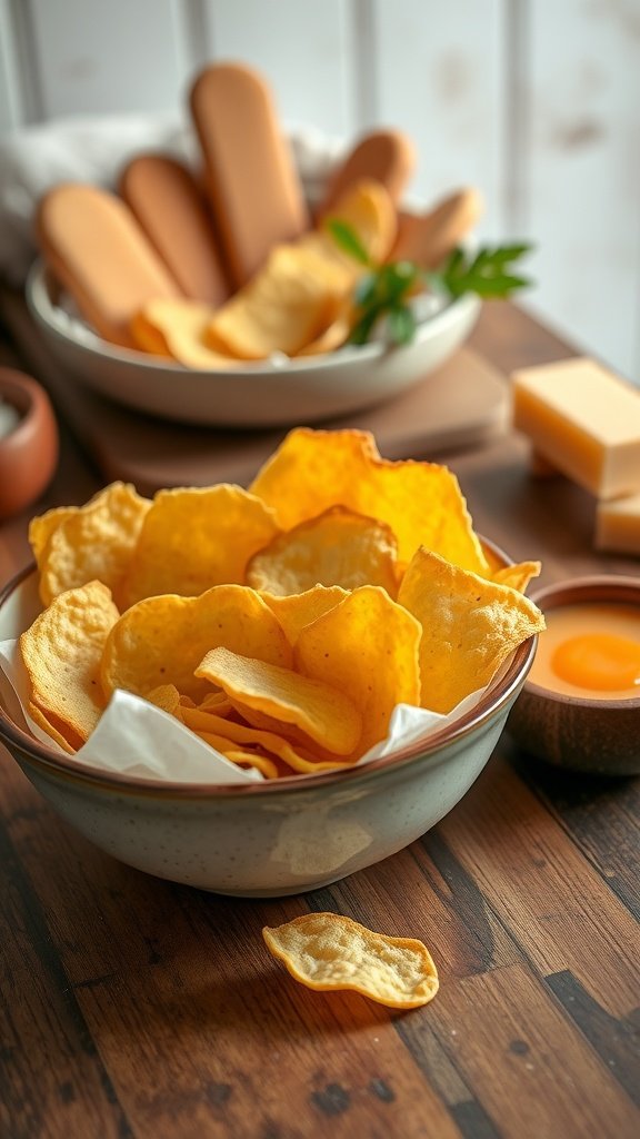 A bowl of crispy cheese snacks with an egg and cheese block on the side.