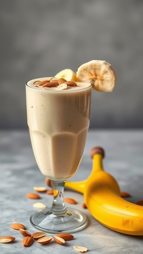 A glass of banana almond smoothie topped with almonds, beside a banana.