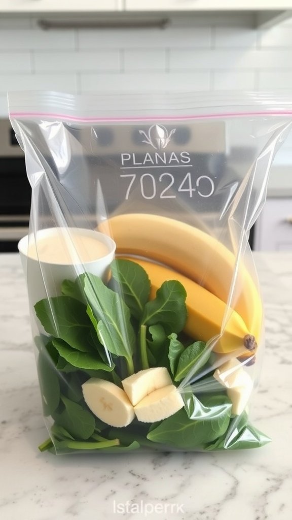 Ingredients for protein smoothie packs including bananas, spinach, Greek yogurt, peanut butter, chia seeds, and almond milk.