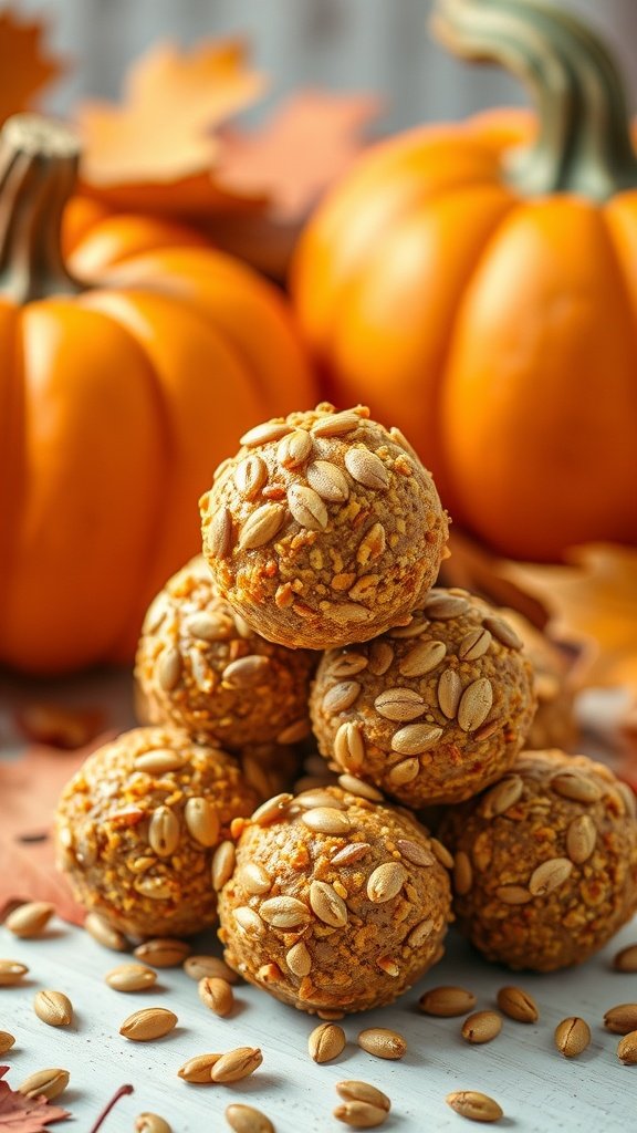 A pile of pumpkin spice energy balls with pumpkin and autumn leaves in the background.
