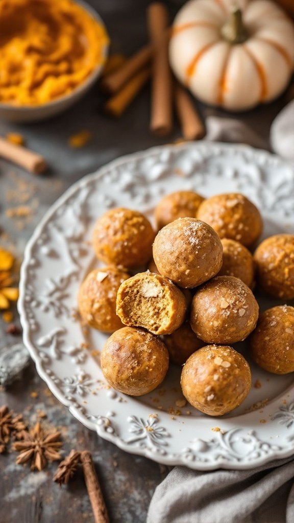 A plate of pumpkin spice energy balls, some with bites taken out, surrounded by pumpkin puree and cinnamon sticks.
