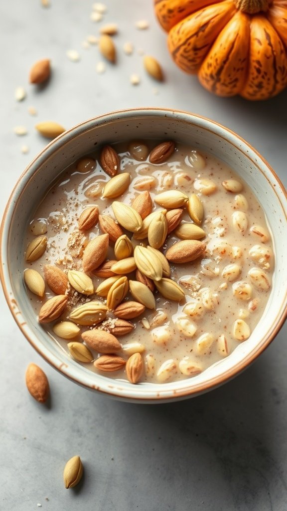 A bowl of pumpkin spice protein oats topped with nuts and seeds, showcasing a warm and inviting breakfast.