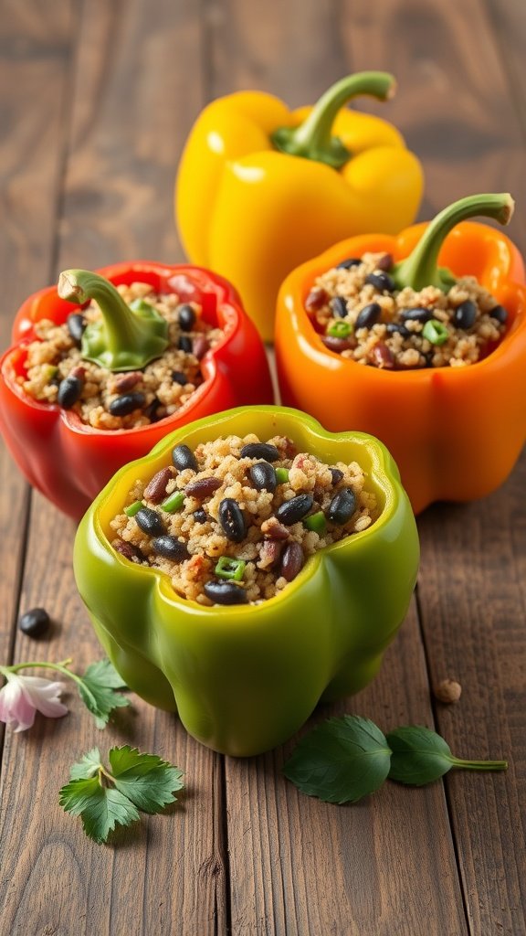 Quinoa-stuffed bell peppers filled with a colorful mixture of grains and beans