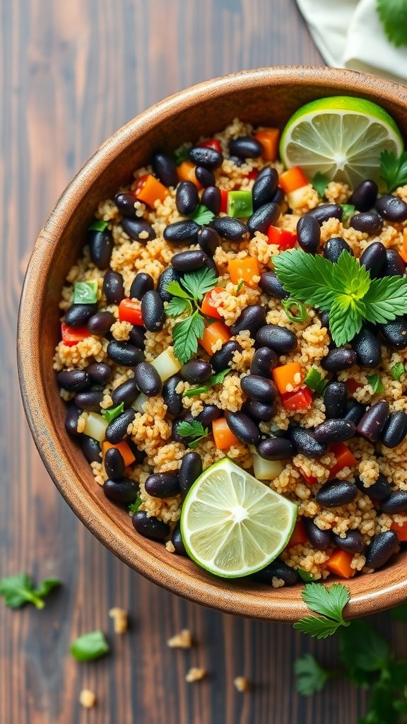 A vibrant bowl of quinoa and black bean salad with fresh vegetables and lime.