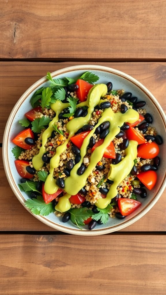 A colorful quinoa and black bean salad drizzled with avocado dressing, garnished with tomatoes and cilantro.