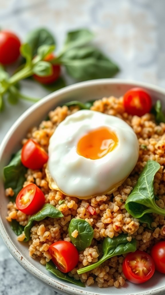 A healthy quinoa and spinach breakfast bowl topped with a poached egg and cherry tomatoes.