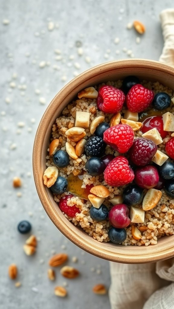 A healthy quinoa breakfast bowl with fruits and nuts