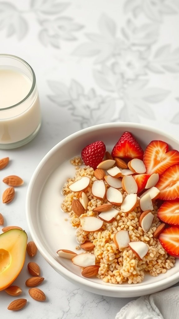 A delicious Quinoa Breakfast Bowl with almond milk, topped with fresh strawberries, raspberries, and sliced almonds.