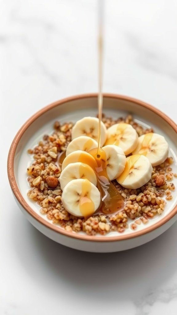 A quinoa breakfast bowl with sliced bananas, nuts, and honey drizzled over it.