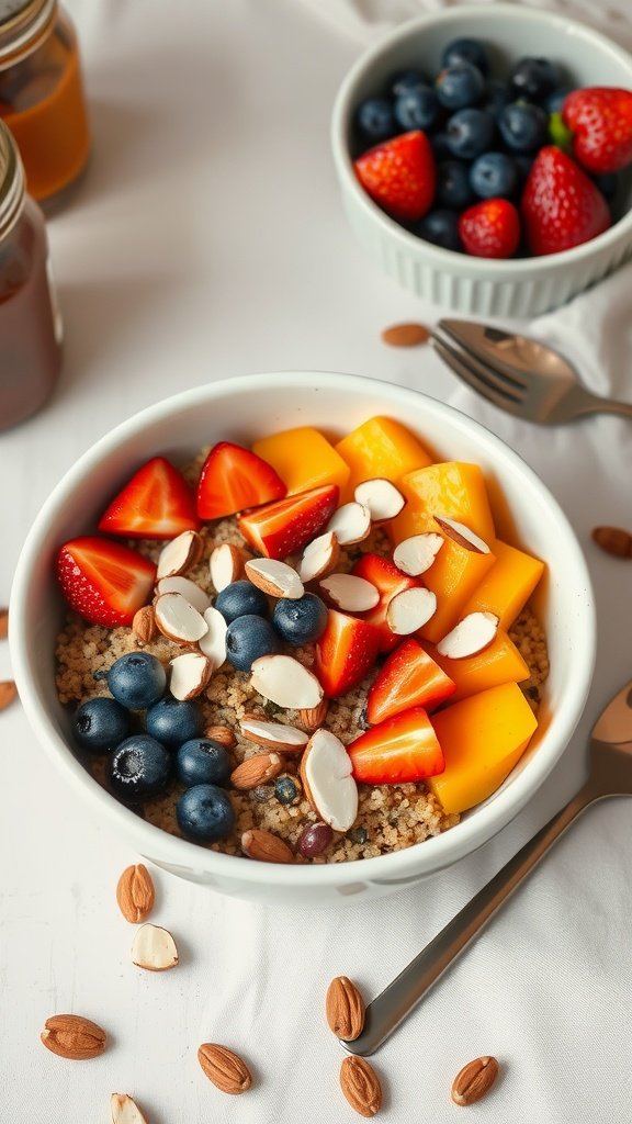 Quinoa breakfast bowl topped with fruits and almonds