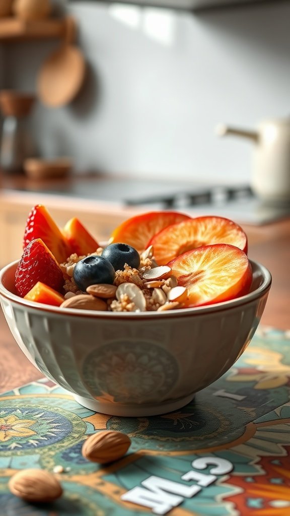 A nutritious quinoa breakfast bowl topped with sliced almonds and fresh fruit.