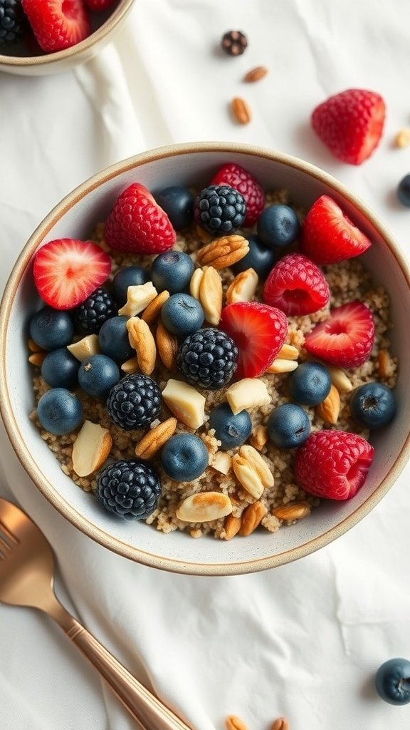 A colorful quinoa breakfast bowl topped with fresh berries and nuts.