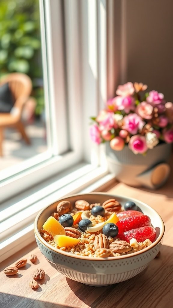 A quinoa breakfast bowl topped with fresh fruits and nuts