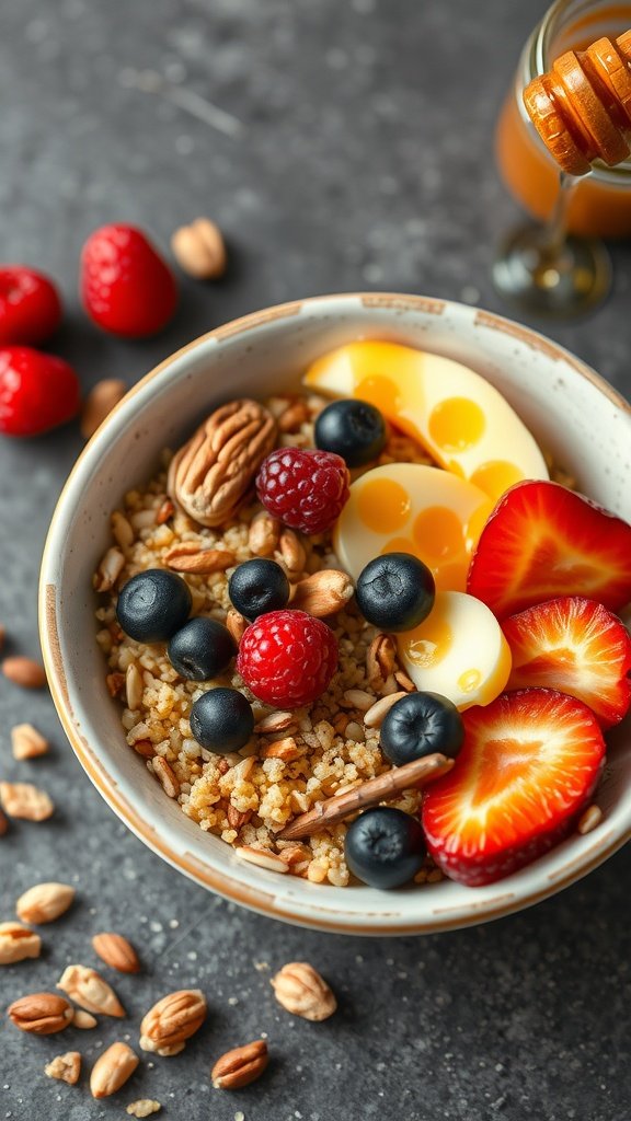 Quinoa breakfast bowl topped with nuts, fruits, and honey.