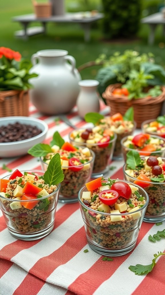 Quinoa salad cups served in glass containers with colorful vegetables.