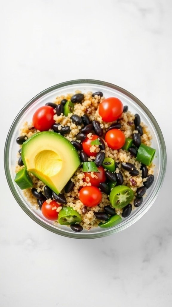 A colorful quinoa salad with black beans, cherry tomatoes, green bell pepper, and avocado.