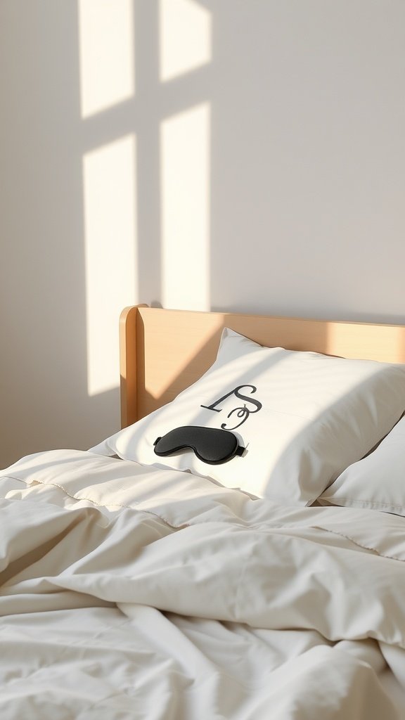 A cozy bedroom with a bed, neutral bedding, and a sleep mask on the pillow, illuminated by soft morning light.