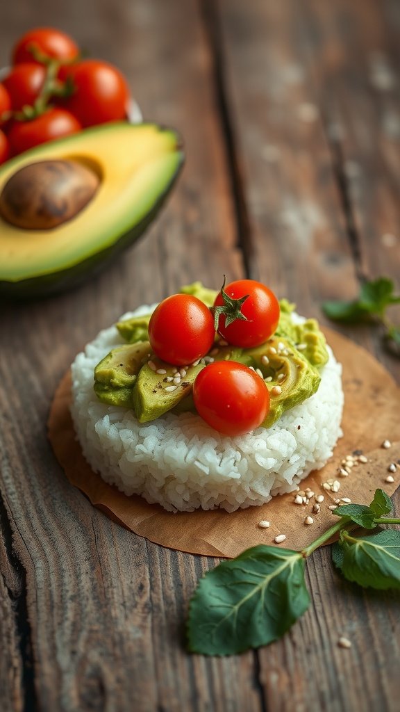 Rice cake topped with avocado and cherry tomatoes