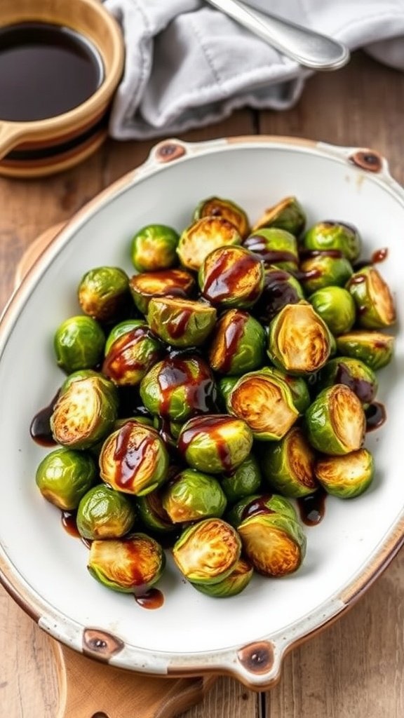 A bowl of roasted Brussels sprouts drizzled with balsamic glaze