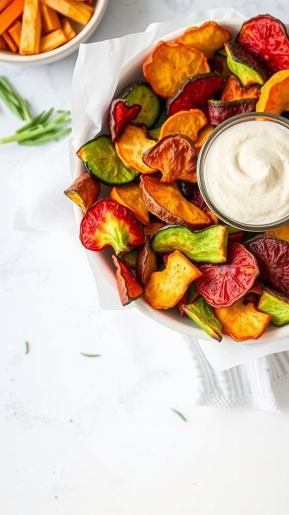 A bowl filled with colorful roasted vegetable chips alongside a creamy dip.