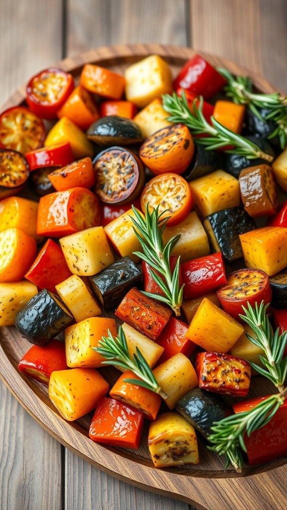 A platter of colorful roasted vegetables garnished with fresh rosemary.