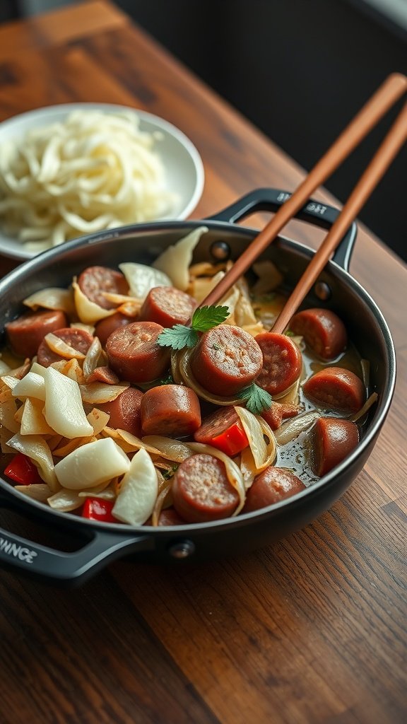 A skillet showcasing sautéed kielbasa with cabbage, onions, and bell peppers.