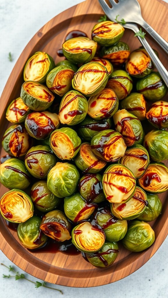 Balsamic glazed Brussels sprouts on a wooden serving platter.