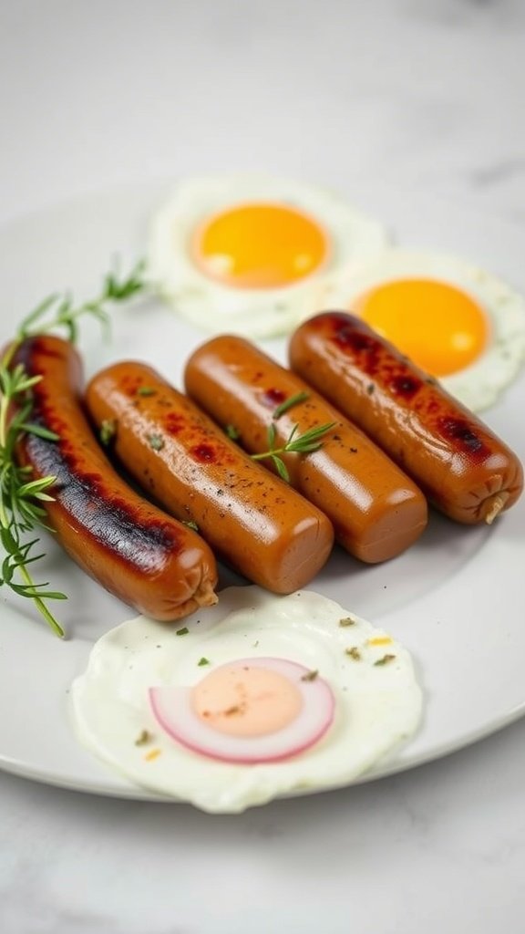 Savory beef sausages with fried eggs on a plate