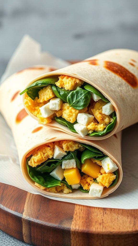 Savory breakfast wrap with spinach and feta.