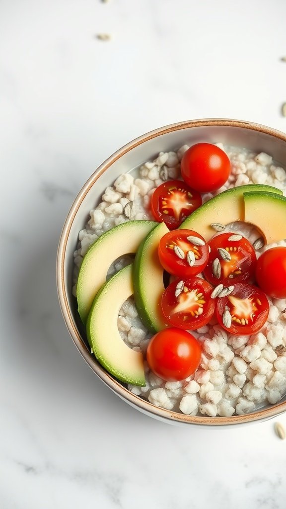 Bowl of savory oatmeal topped with avocado, cherry tomatoes, and sunflower seeds.