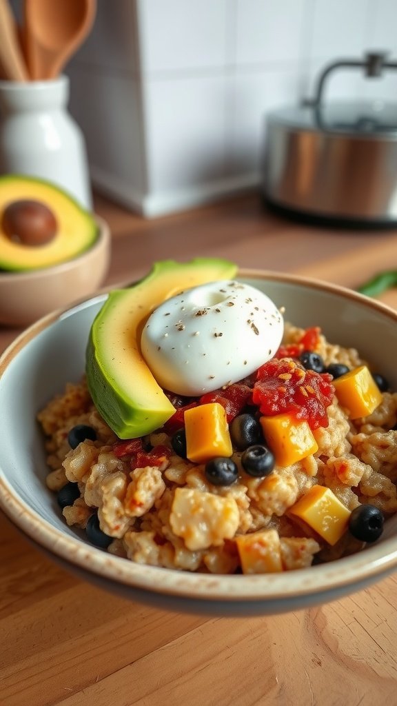 Savory oatmeal topped with avocado slices and a poached egg.