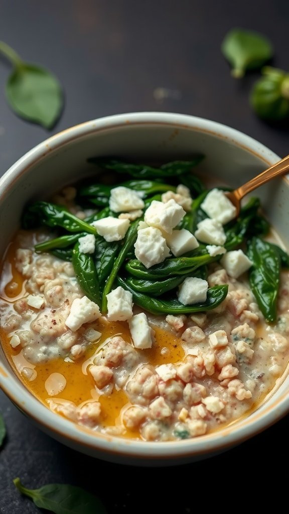 A bowl of savory oatmeal topped with spinach and feta cheese