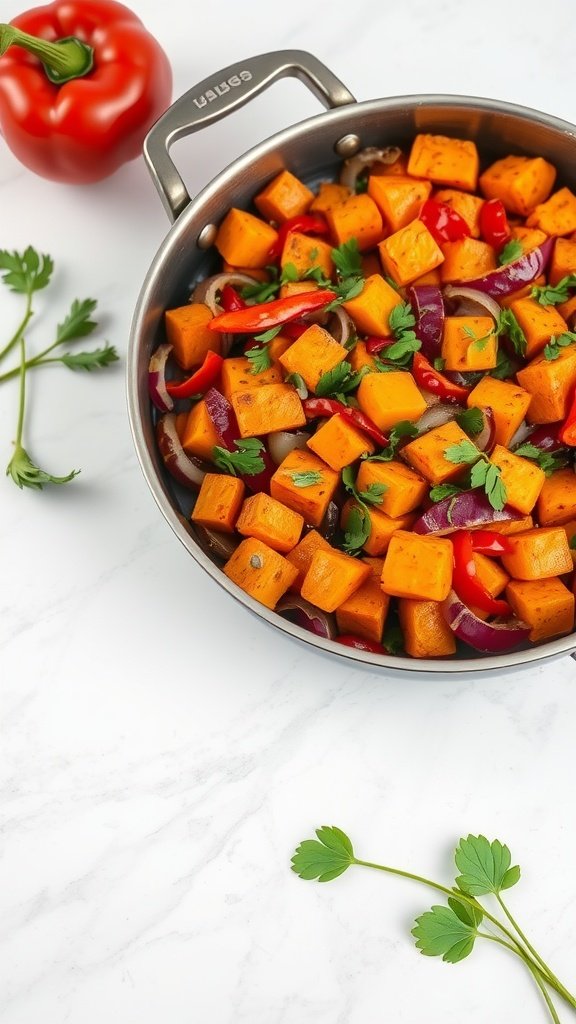 A colorful savory sweet potato hash with diced sweet potatoes, red bell peppers, and onions.