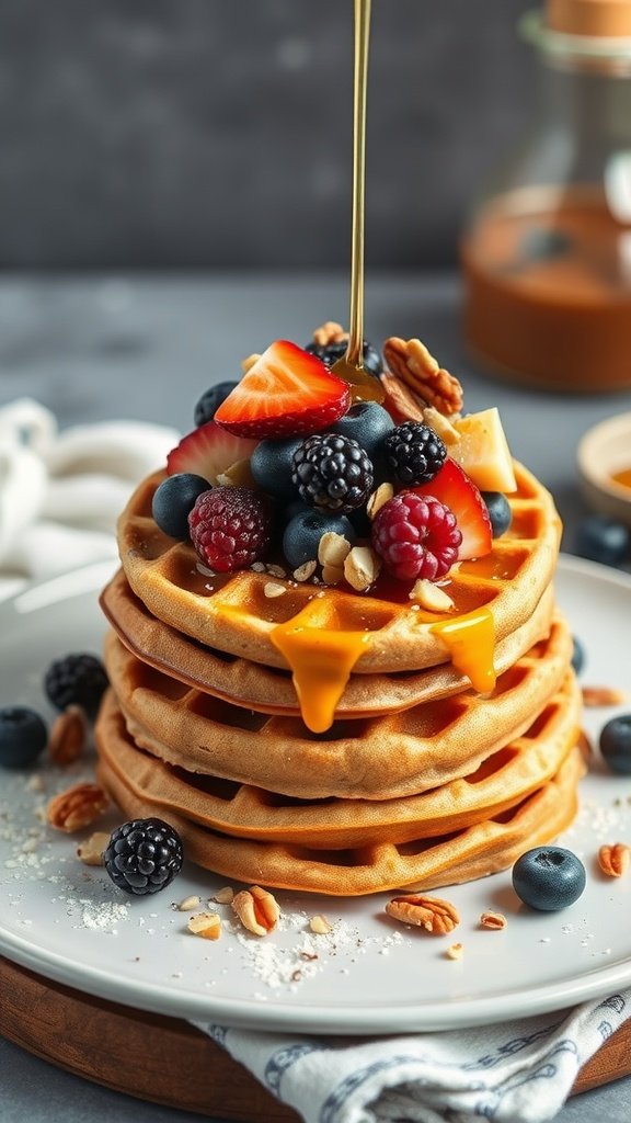 Delicious high protein waffles topped with fresh berries and syrup.