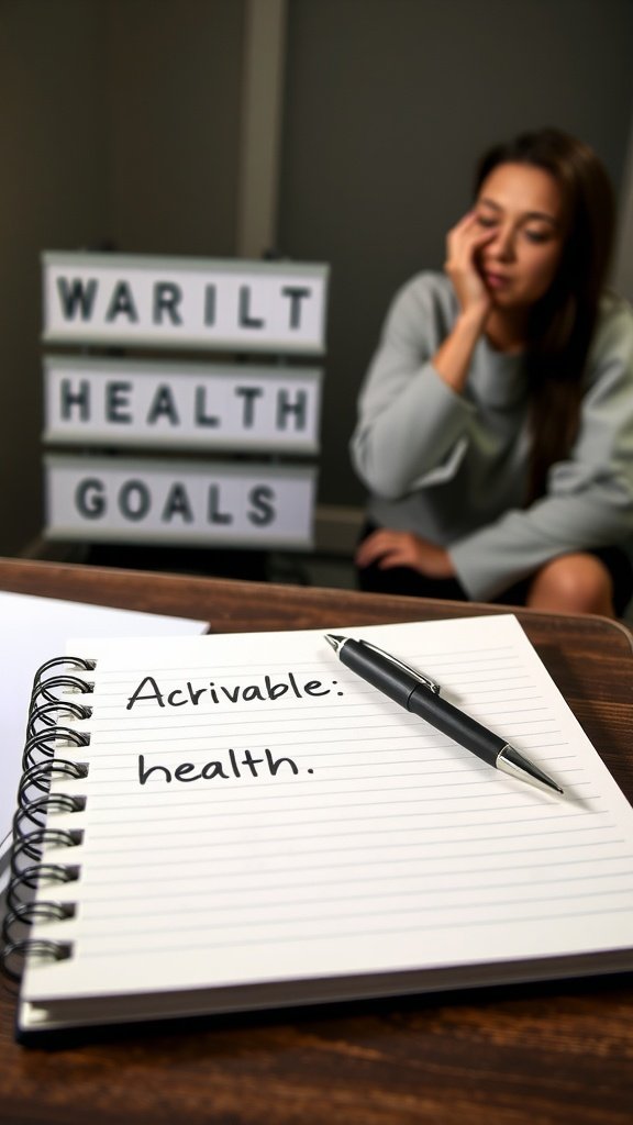 A notebook with the word 'Achievable' written on it and a pen, with a woman thoughtfully looking in the background.