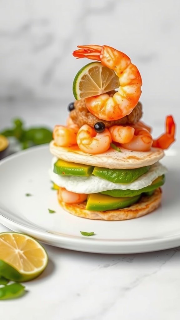 A tasty shrimp and avocado egg stack on a white plate with lime slices