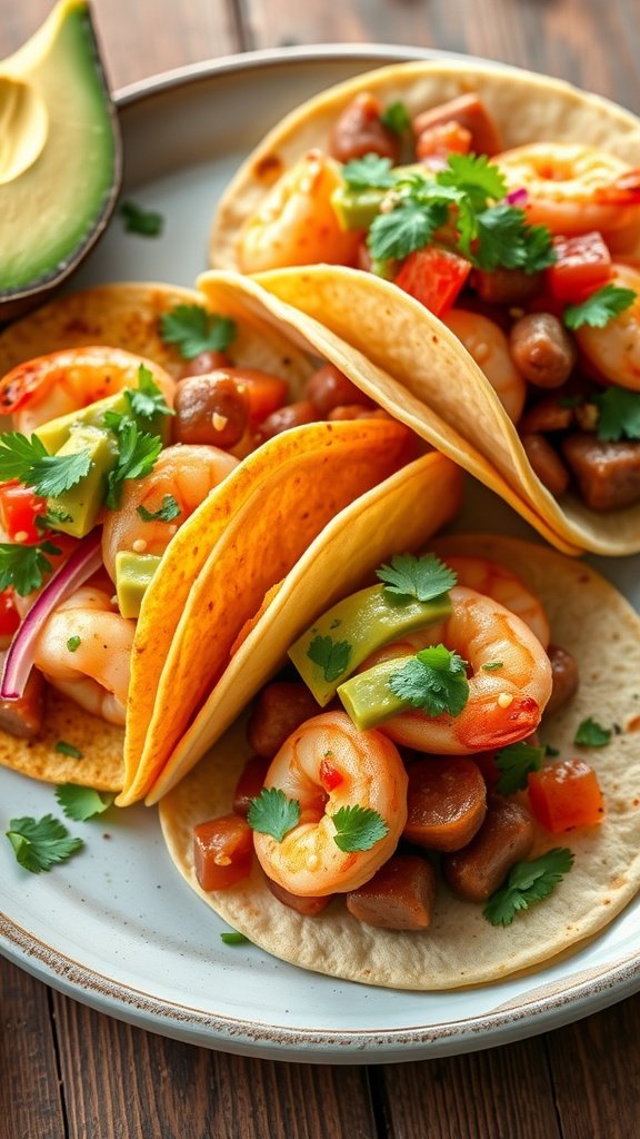 Shrimp and kiełbasa tacos filled with shrimp, kiełbasa, and topped with fresh avocado salsa, garnished with cilantro.