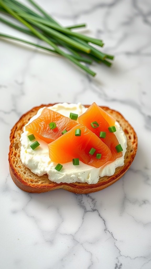 A slice of whole-grain toast topped with cottage cheese, smoked salmon, and chopped chives.