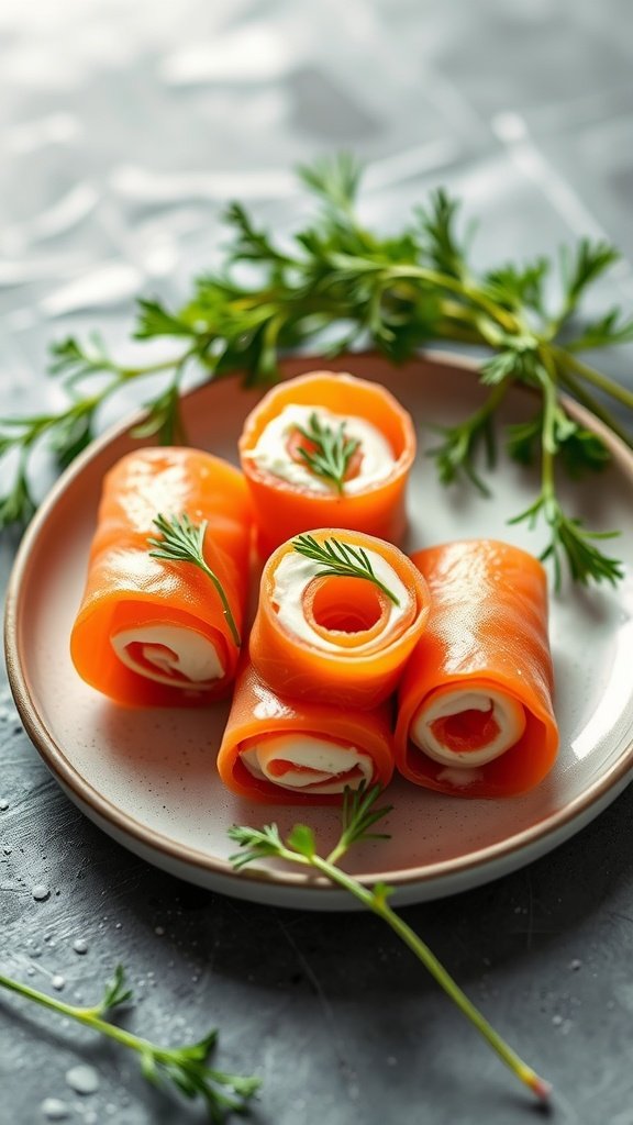 Smoked salmon and cream cheese roll-ups on a plate garnished with herbs.