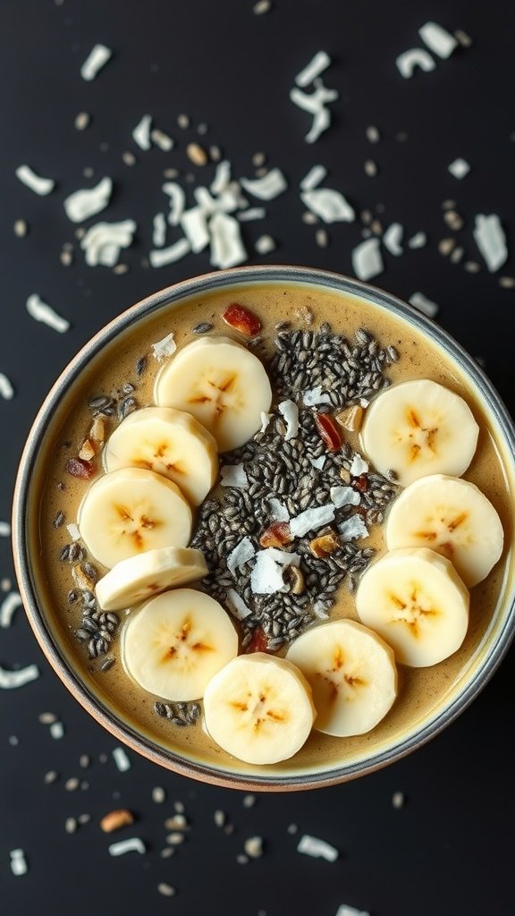 A smoothie bowl topped with banana slices, chia seeds, and coconut flakes.