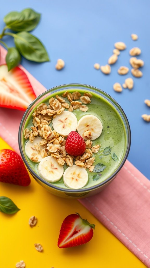 A vibrant smoothie bowl topped with banana slices, granola, and strawberries.