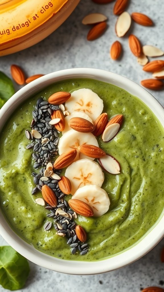 Smoothie bowl topped with banana slices, almonds, and seeds.