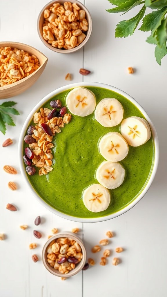 A green smoothie bowl topped with sliced bananas and granola.