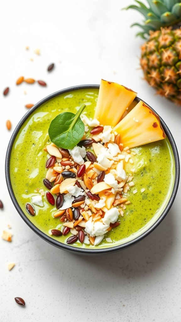 Smoothie bowl with spinach and pineapple topped with nuts and fresh fruits