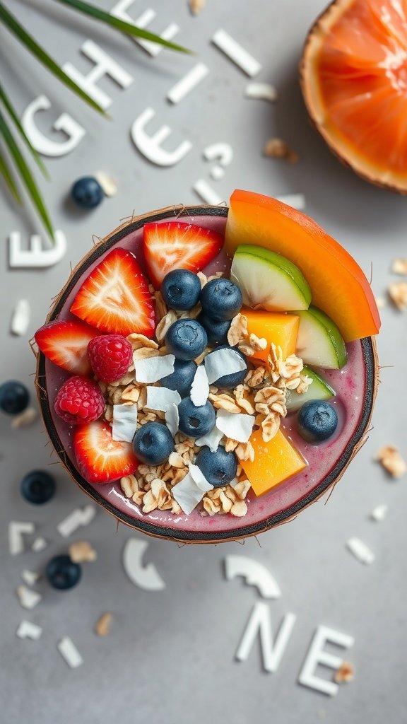 A colorful smoothie bowl topped with tropical fruits and granola.