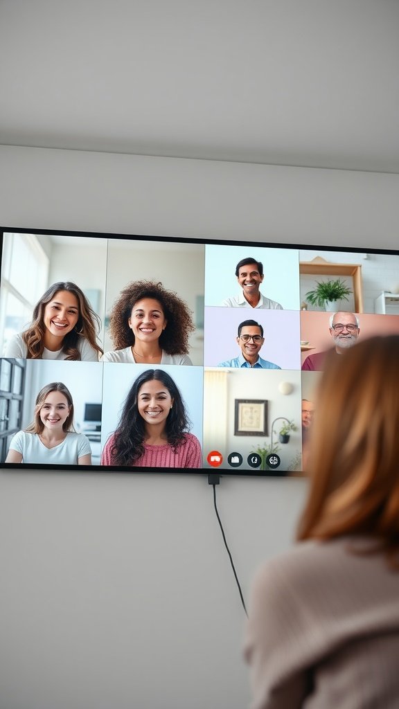 A group video call displayed on a TV screen, showing multiple smiling faces engaged in conversation.